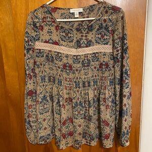 Vintage X America Blue and Red Patterned Baby Doll Blouse Women Size Medium